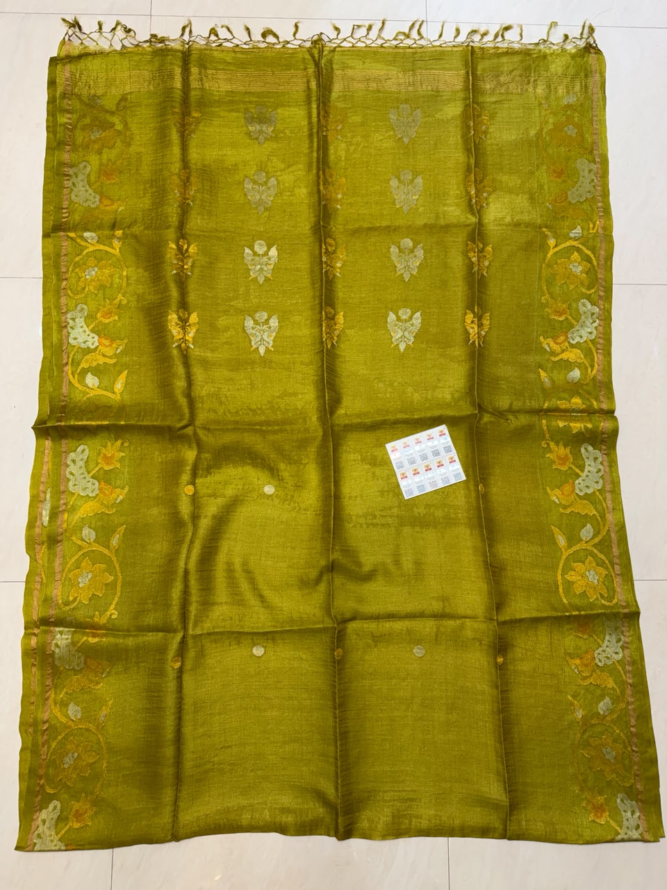Authentic Pure Gachhi Weaving Tissue Tussar Jamdani Saree with Unique Dye Design and Government Silk Mark Tag by Rihyaaz