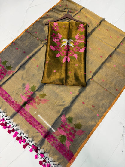 Kaveri Olive Tissue Kora Needle Jamdani suit by Rihyaaz featuring delicate Jamdani weaving and elegant traditional detailing.