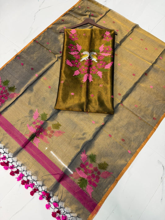 Kaveri Olive Tissue Kora Needle Jamdani suit by Rihyaaz featuring delicate Jamdani weaving and elegant traditional detailing.