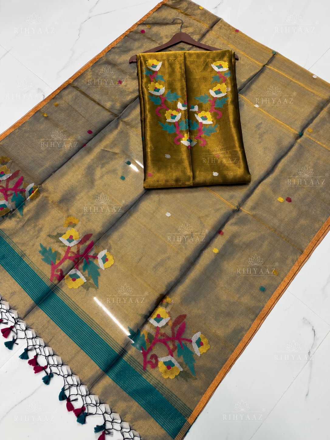 Palak Olive Tissue Needle Jamdani suit with intricate Jamdani weaving dupatta, 2.5m top and 2.5m dupatta by Rihyaaz.