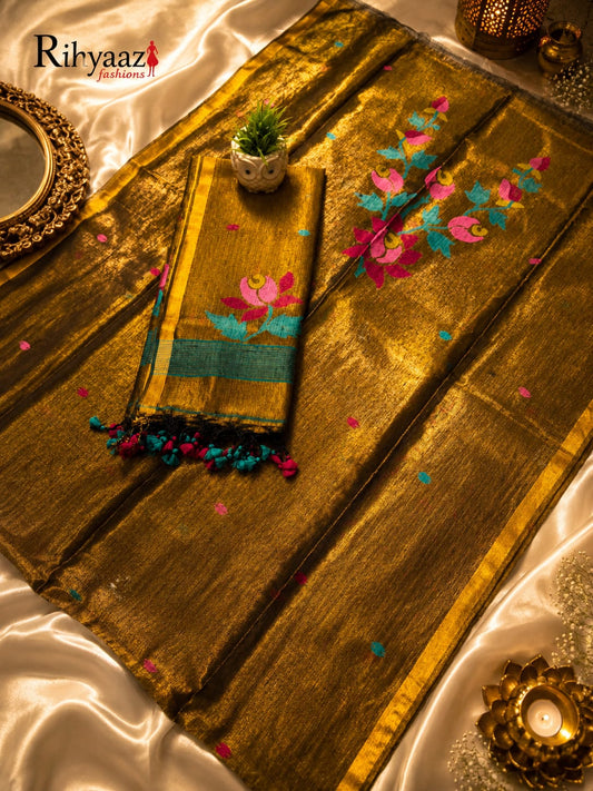 Nayaab tissue silk linen needle Jamdani suit and dupatta by Rihyaaz, festive handwoven collection