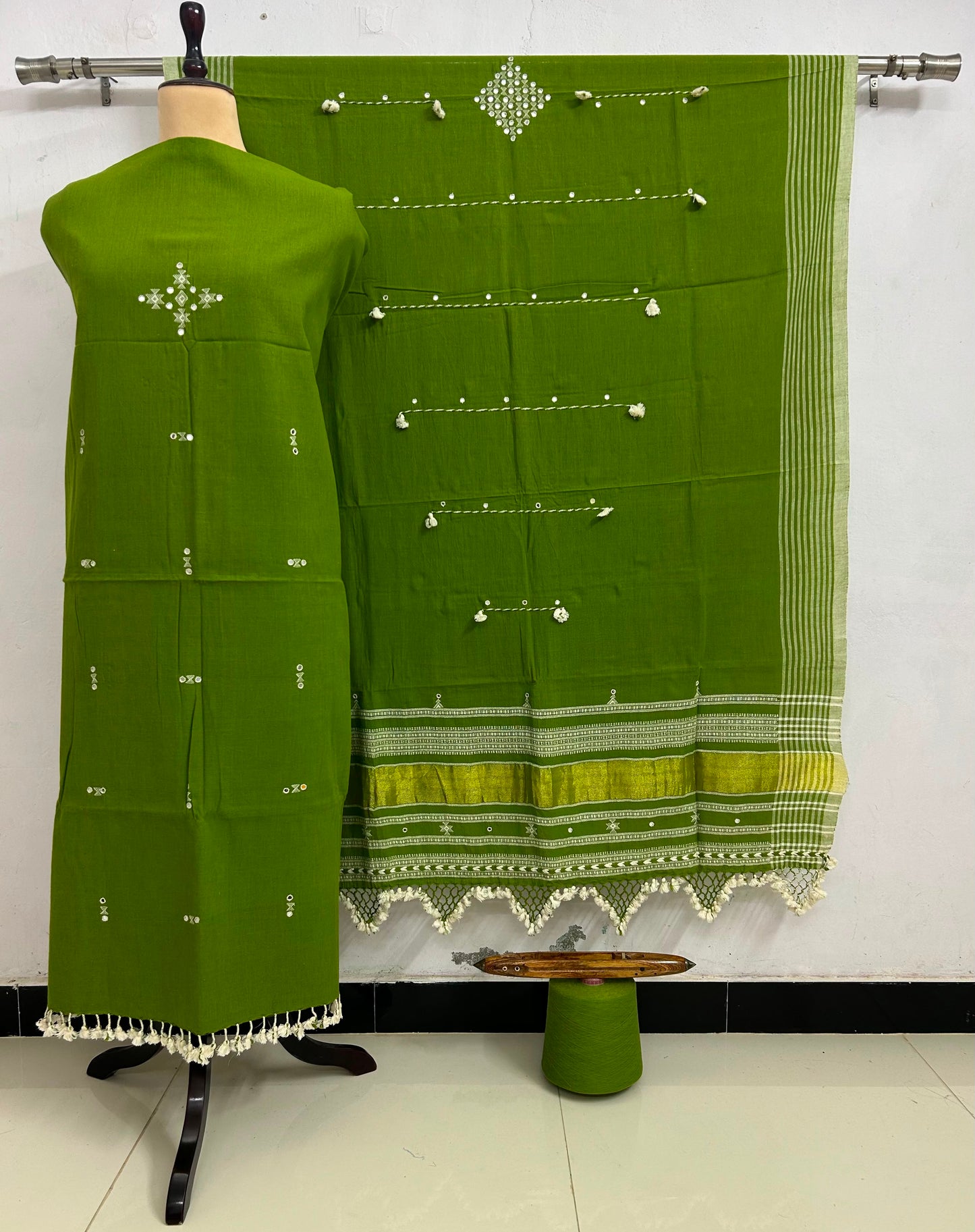 Fumka - handwoven Kapas Bhujodi 3 piece suit set with intricate mirror detailing, artisan woven kurta, matching bottoms and dupatta by Rihyaaz in sustainable handcrafted ethnic wear.