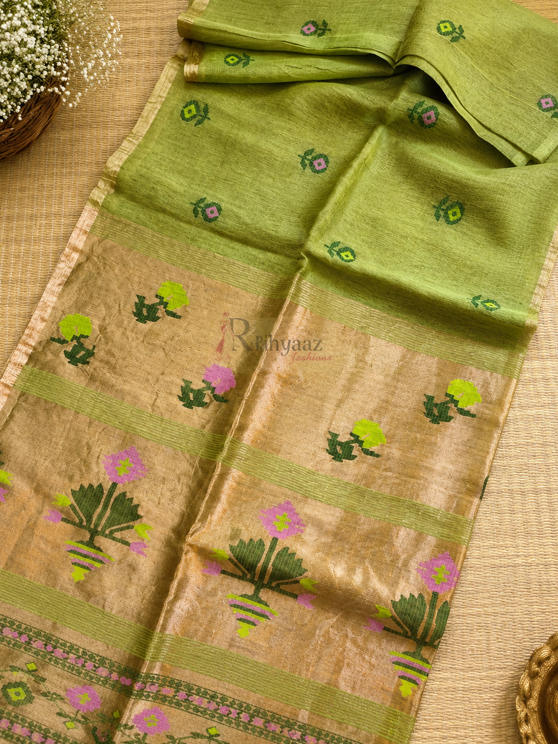 Ful - Paithani Inspired Tissue Palla Linen Silk Saree by Rihyaaz featuring an elegant handwoven linen silk body with a luxurious tissue Paithani-inspired palla, ideal for festive wear, wedding celebrations, and traditional occasions.