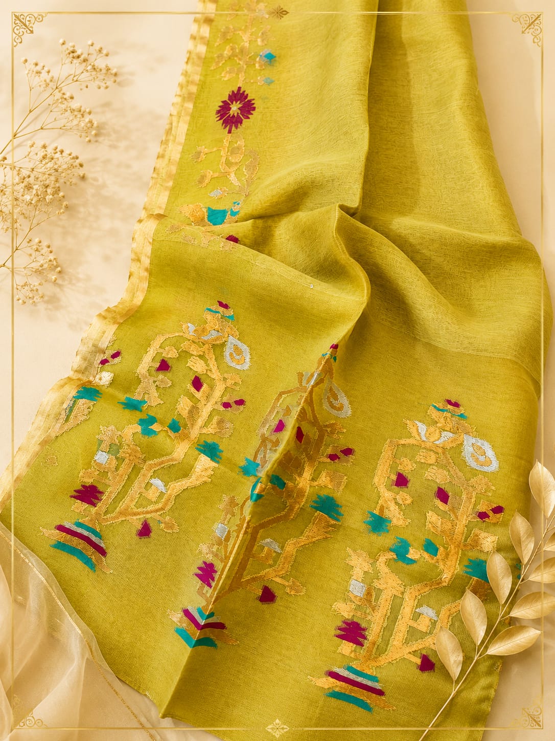Khori - Silk Tissue Linen Needle Karat Jamdani Saree with handcrafted Resham Jamdani palla, premium handwoven festive saree by Rihyaaz featuring elegant traditional weaving and luxurious silk tissue linen fabric.