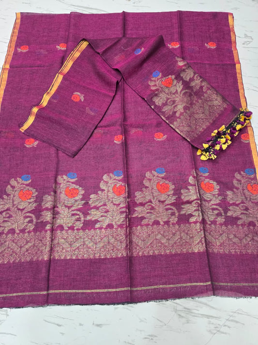 Linen zari weaved Jamdani suit with dupatta by Rihyaaz, showcasing elegant handwoven traditional craftsmanship and contemporary ethnic styling.