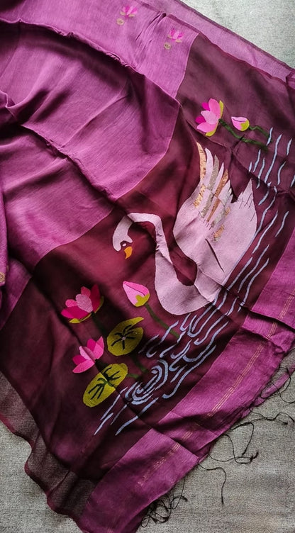 Pure Jayashree linen silk saree with handwoven needlework resham palla with delicate lotus and swan motifs and running blouse piece by Rihyaaz.