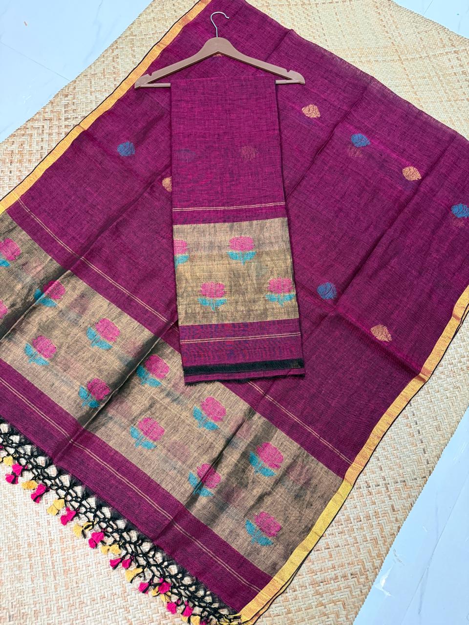 Rihyaaz Zul Zari Patta linen suit set with matching dupatta, showcasing elegant zari detailing and traditional Indian handloom-inspired craftsmansh