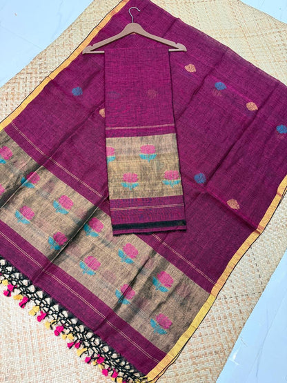 Rihyaaz Zul Zari Patta linen suit set with matching dupatta, showcasing elegant zari detailing and traditional Indian handloom-inspired craftsmansh