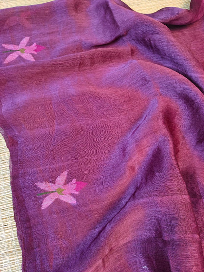 Tanaya - Linen Silk Duck Weaved Jamdani Saree by Rihyaaz featuring handwoven Jamdani motifs in premium linen silk fabric, elegant drape, traditional Indian handloom saree for festive and wedding wear.