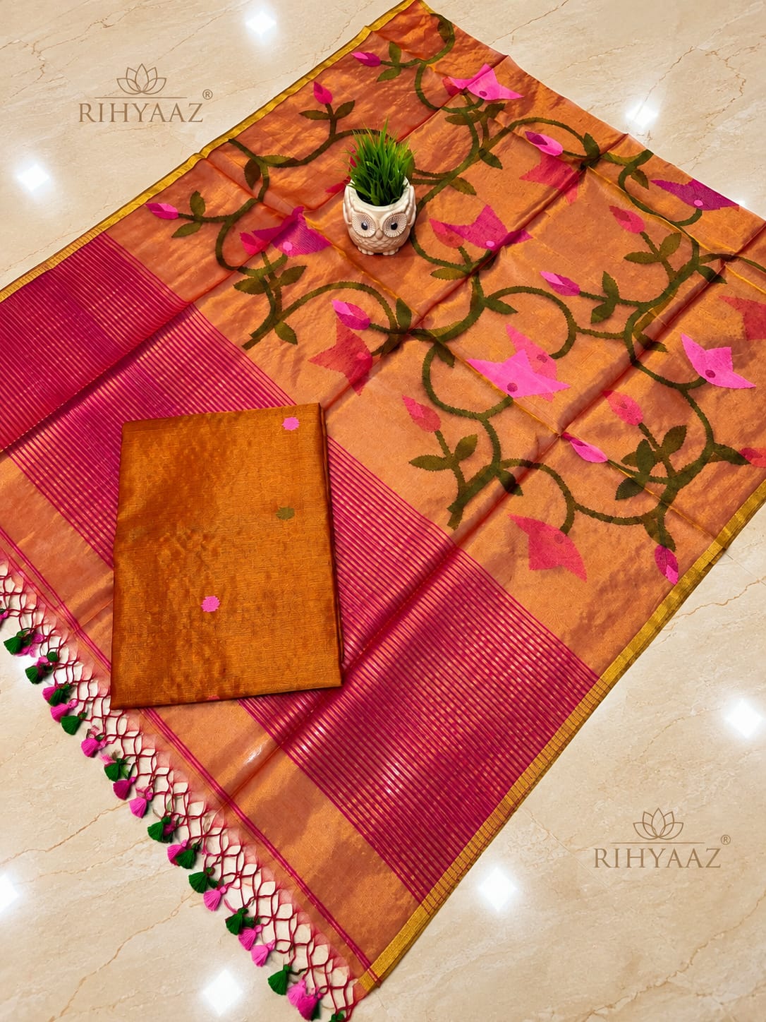 Dhara orange all-over floral weaved needle Jamdani woven tassel dupatta with muslin tissue suit, handcrafted Rihyaaz ethnic wear collection.