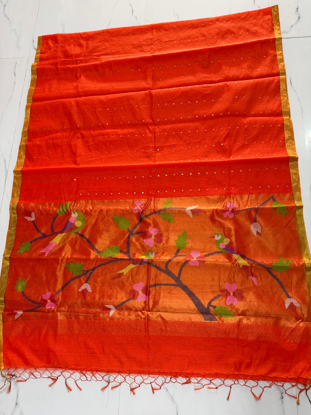 Tehni Orange sequin weaved Muslin Paithani saree by Rihyaaz, elegant traditional festive saree with intricate Paithani weaving and allover weaved sequin detailing.