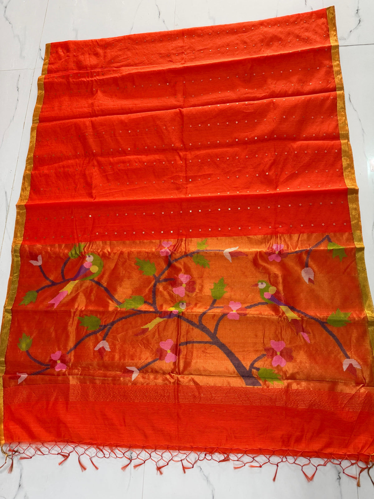 Tehni Orange sequin weaved Muslin Paithani saree by Rihyaaz, elegant traditional festive saree with intricate Paithani weaving and allover weaved sequin detailing.