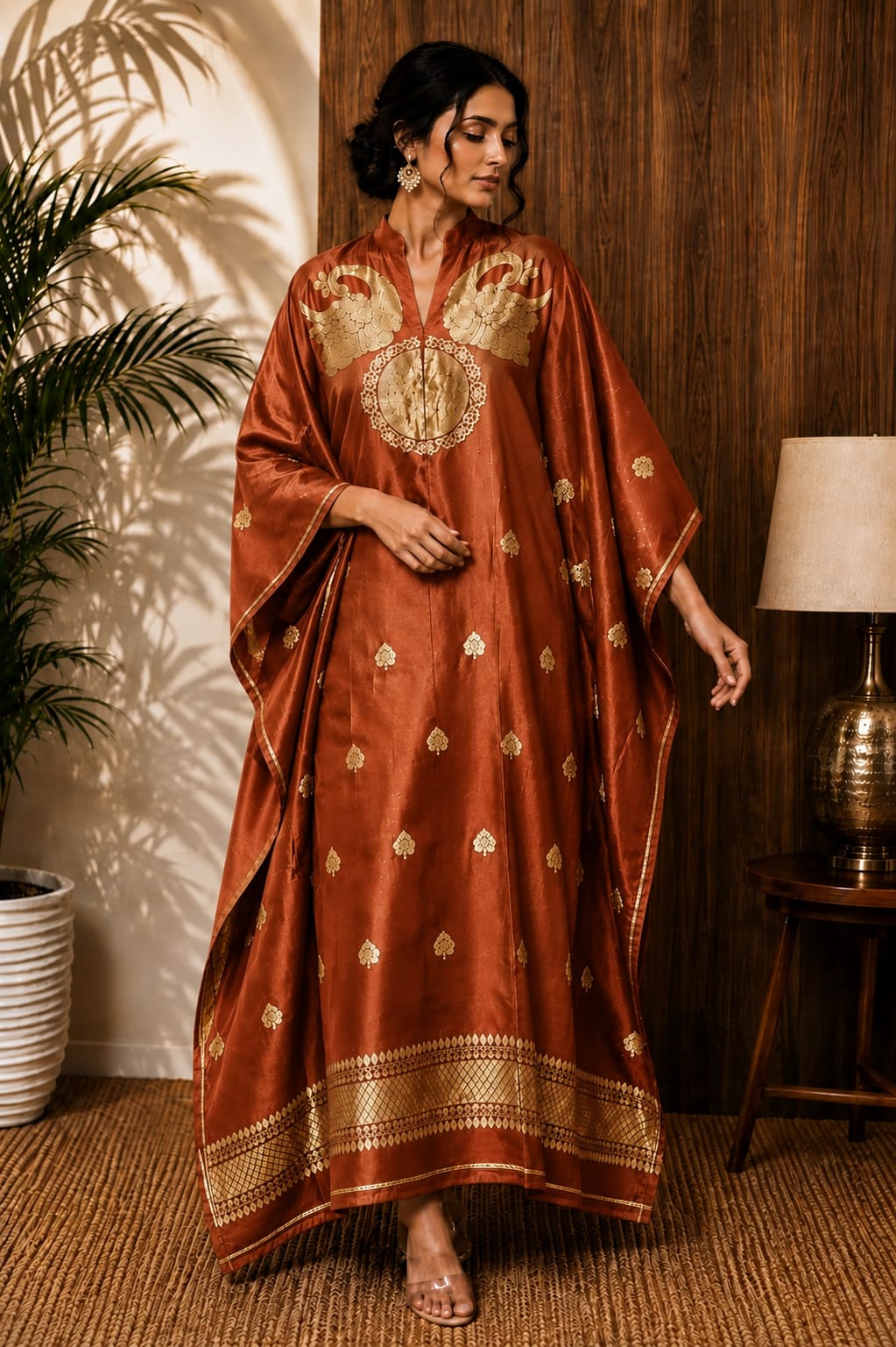Nayra Banarasi weaved unstitched kaftan by Rihyaaz, showcasing elegant traditional Indian weaving and luxurious ethnic styling.