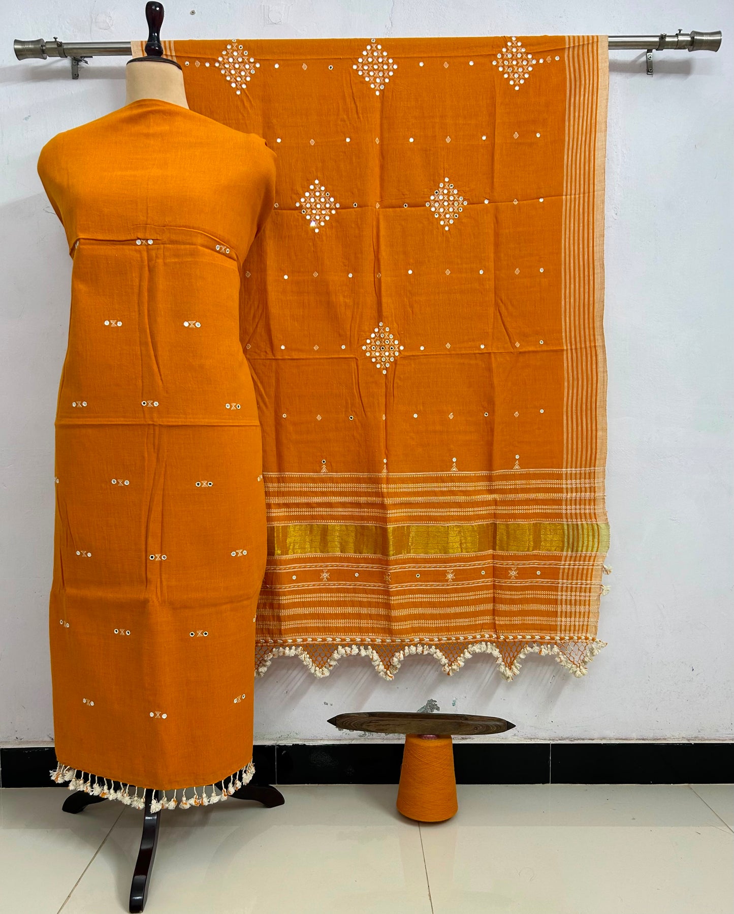 Ahir - Designer Kala Cotton 3 Piece Suit Set by Rihyaaz featuring handcrafted Ahir embroidery, breathable sustainable Kala Cotton fabric, matching kurta, pants and dupatta for elegant ethnic wear.