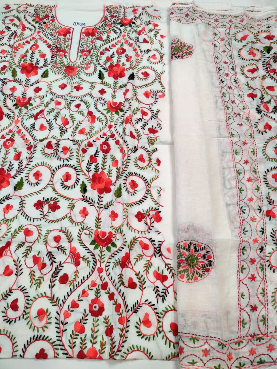 Rihyaaz orange Hand Parsi pure cotton 3-piece suit material with 2.5 metre kameez, pant and dupatta fabric, elegant ethnic cotton dress material.