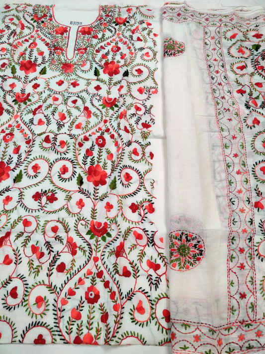 Rihyaaz orange Hand Parsi pure cotton 3-piece suit material with 2.5 metre kameez, pant and dupatta fabric, elegant ethnic cotton dress material.