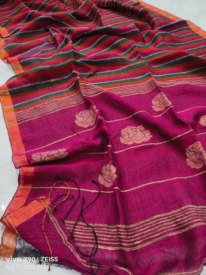 Rose handwoven striped linen saree with elegant woven stripes, rose motifs, and a lightweight traditional handloom texture by Rihyaaz 