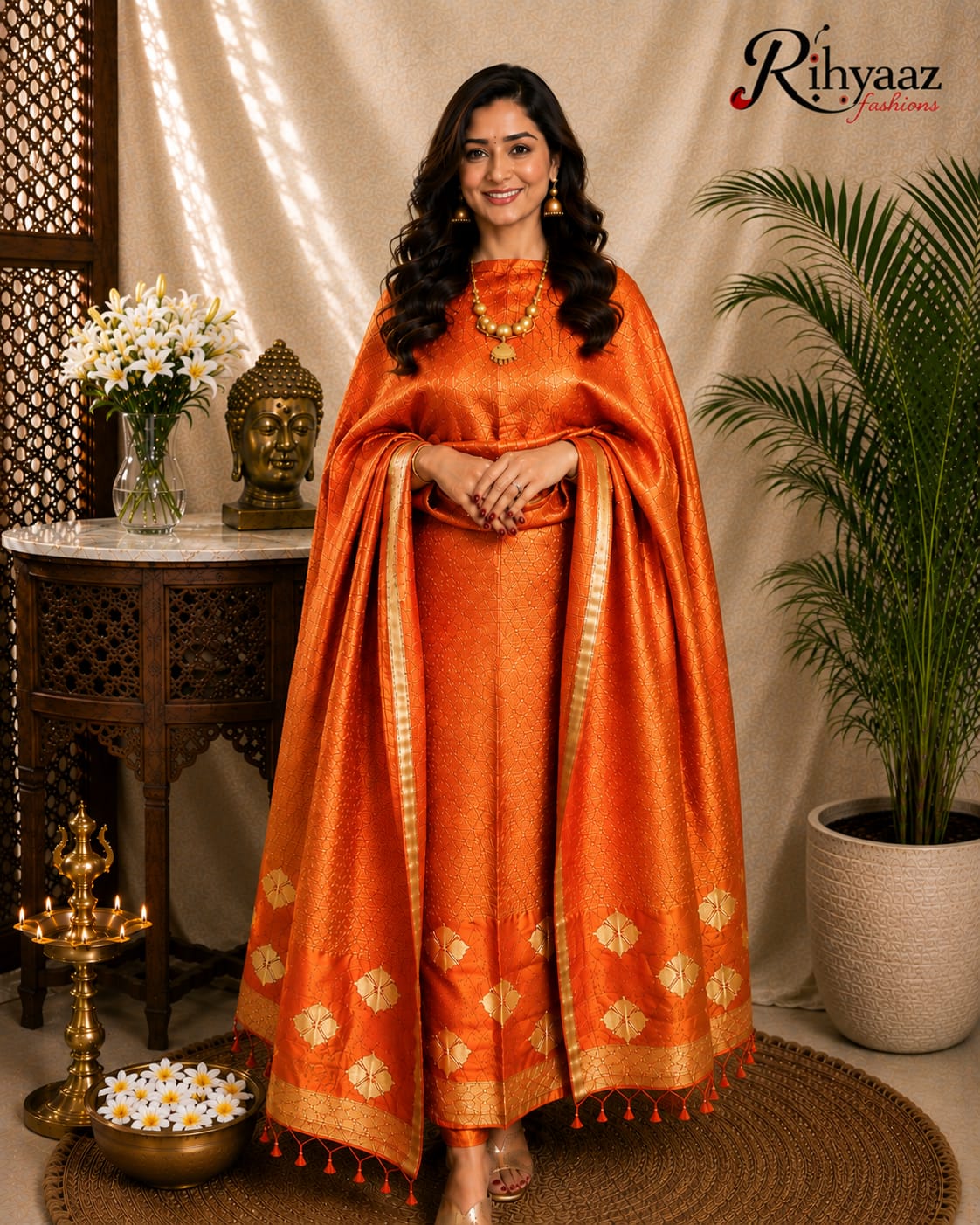 Noorie Silk Mark Certified Kora Palla Linen Silk Khaduwa Weaving Suit with intricate handwoven detailing, 2.5 mtr top and dupatta by Rihyaaz Fashions.