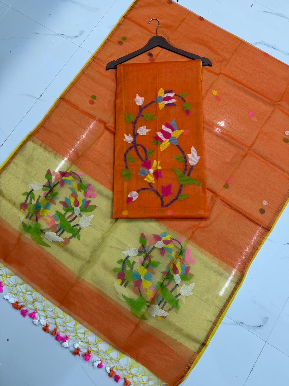 Rihyaaz handwoven Muslin Paithani Jamdani suit with 2.5 meter top and 2.5 meter tassel dupatta, lightweight traditional Indian ethnic wear.