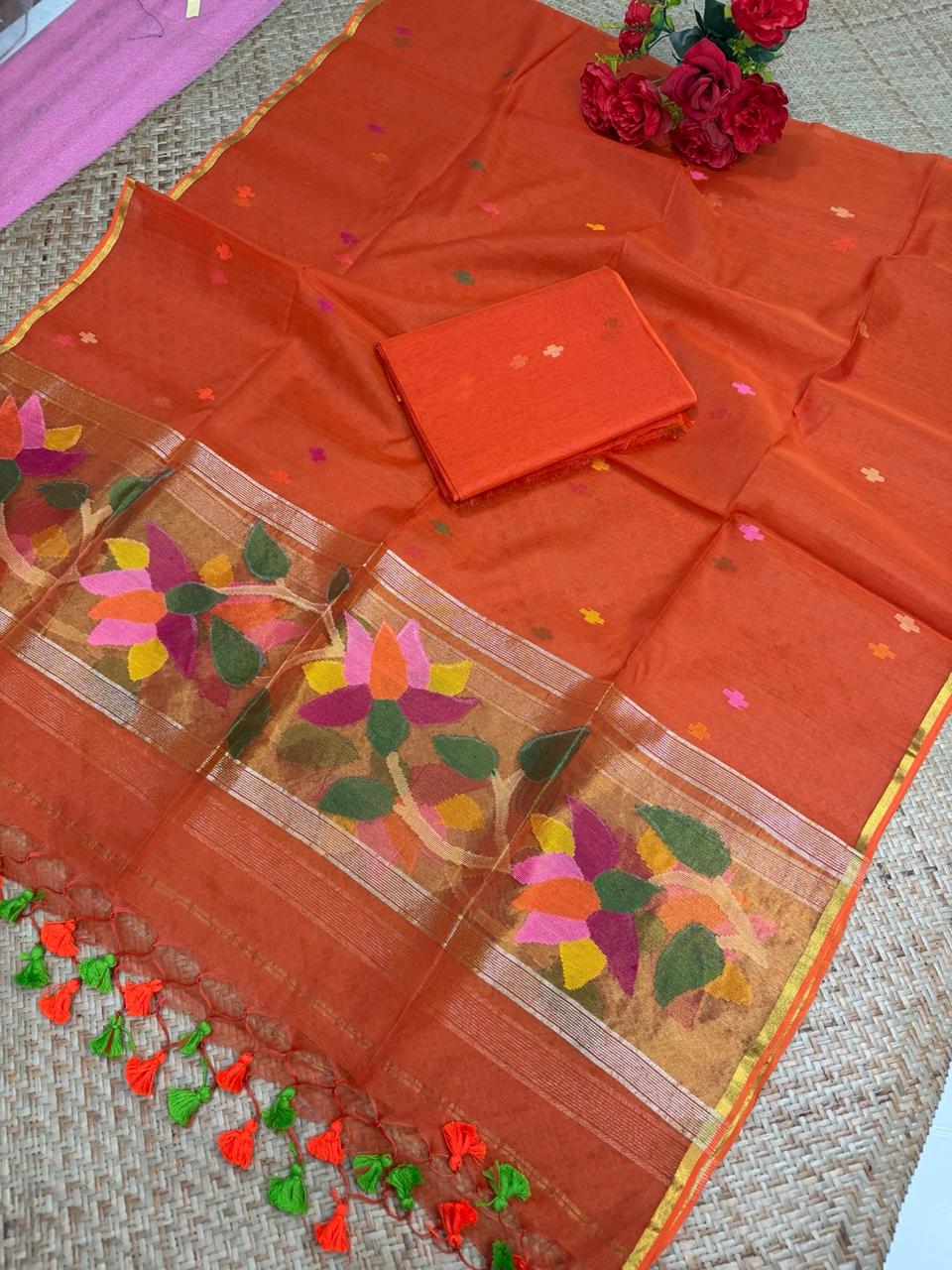 ✨ Muslin Paithani Jamdani Handwoven Suit Set with Tassels Dupatta | Rihyaaz