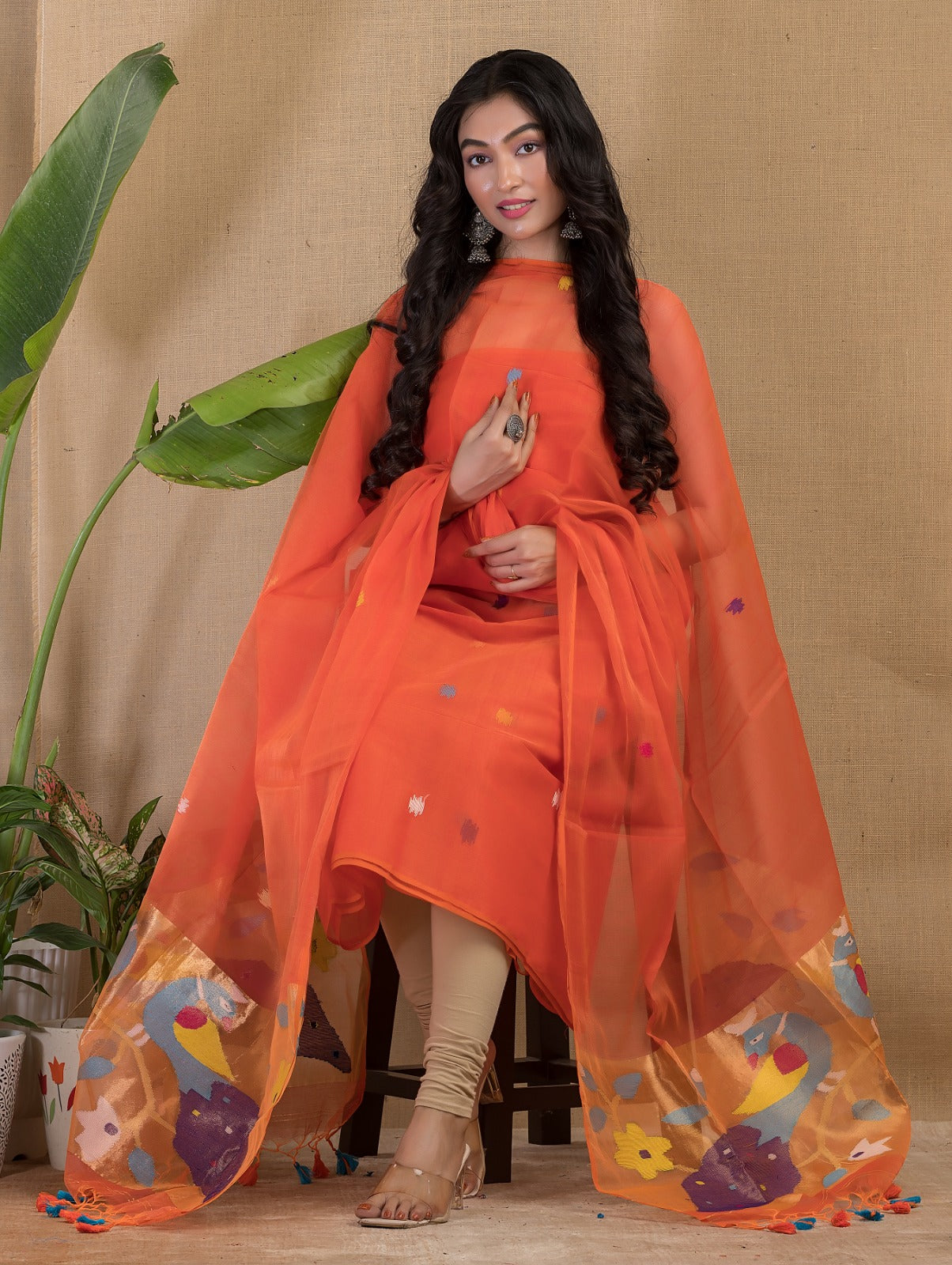 Rihyaaz Muslin Peacock Motif Paithani Jamdani handwoven suit with 2.5 meter top and tassel detailed dupatta
