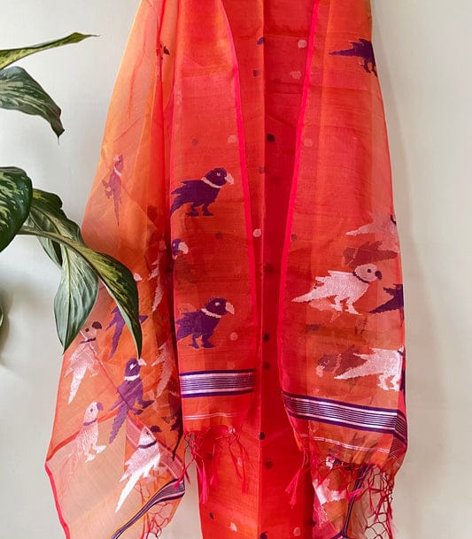 Chidiya muslin woven suit with zari and silk weaving, featuring polka dot motifs on the top by Rihyaaz Fashions.
