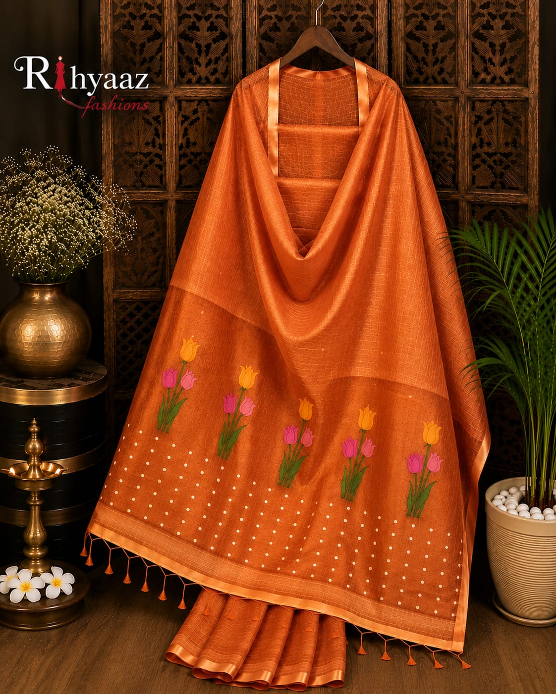 Tinka premium linen saree with resham tulip woven Jamdani anchal and all-over sequin detailing by Rihyaaz