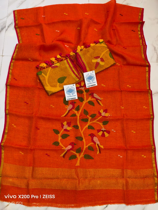 𝓡𝓪𝓳𝔂𝓪 Pure 120 Count Jayashree Linen Bird Motif suit set with Tissue Palla Jamdani dupatta by Rihyaaz, elegant traditional Indian ethnic wear.