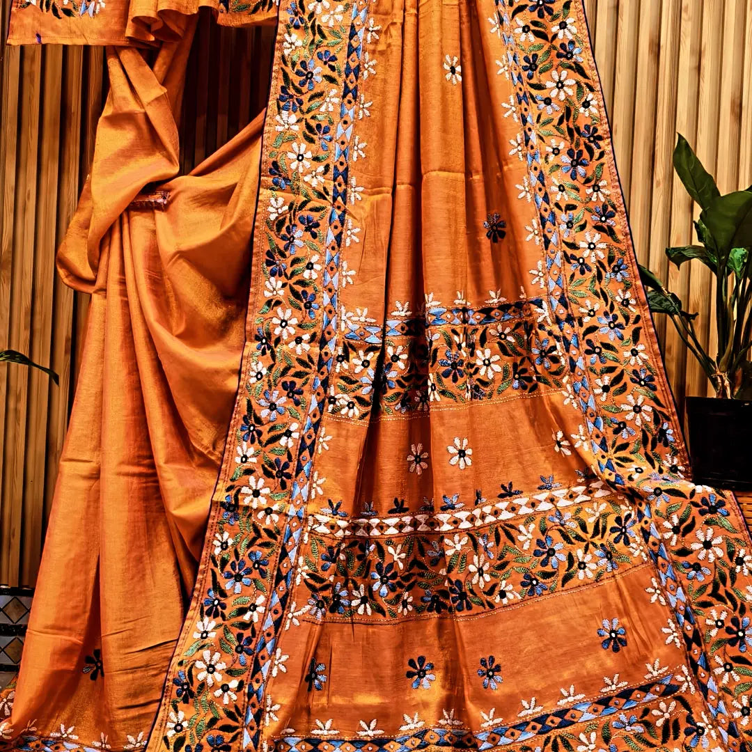 Satrangi Pure Handloom Raga Tissue Saree with handcrafted Kathiyawadi embroidery by Rihyaaz, luxury festive handwoven ethnic saree.