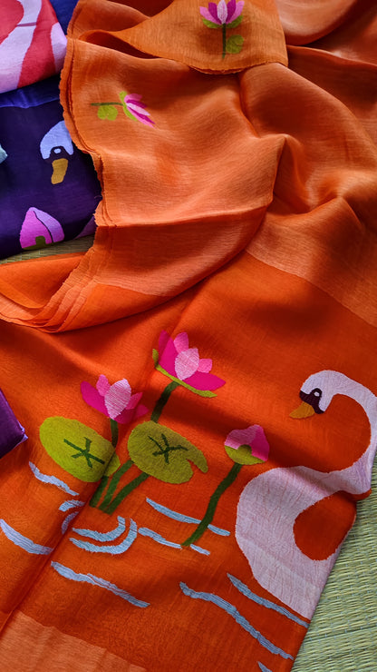 Pure Jayashree linen silk saree with handwoven needlework resham palla with delicate lotus and swan motifs and running blouse piece by Rihyaaz.