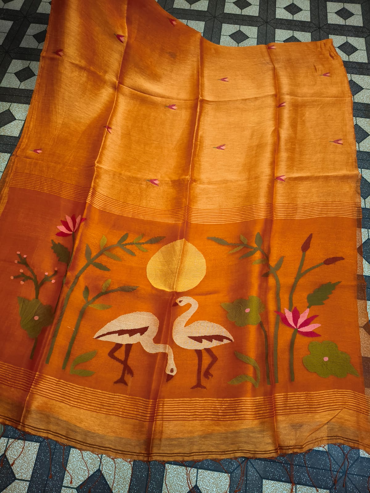 Kanika pure Jayasree silk linen saree with handwoven needlework Jamdani, pure Resham palla, all-over motifs and running blouse piece by Rihyaaz Fashions