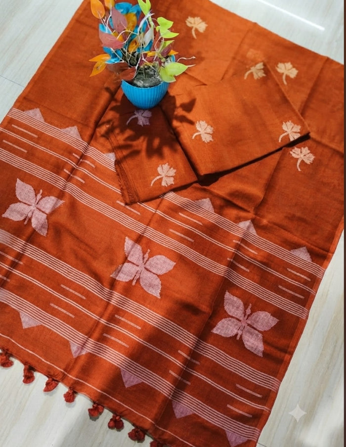 Willow orange pure Jayshree linen and 120-count linen Jamdani suit material with completely handwoven kurta fabric and dupatta by Rihyaaz Fashions.