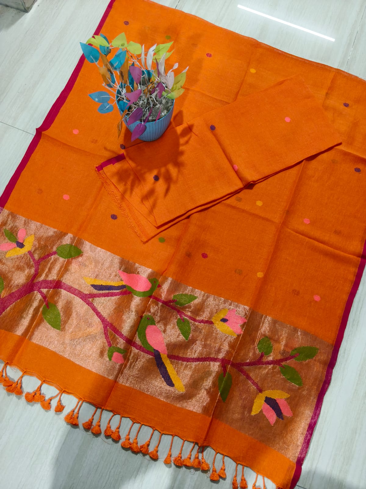 Moh orange pure Jayshree by Jayshree Paithani palla linen suit by Rihyaaz Fashions, premium handwoven Indian ethnic wear