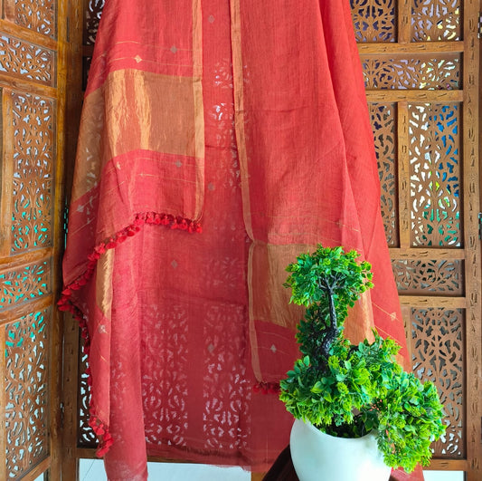 Heera Pure Linen Tissue Handwoven Jamdani Suit Set by Rihyaaz featuring intricate diamond butta needle weaving on the kurta and dupatta. Premium soft luxury linen tissue fabric, handcrafted ethnic wear with 2.5-meter kurta and 2.5-meter dupatta, ideal for festive, wedding, and occasion wear.