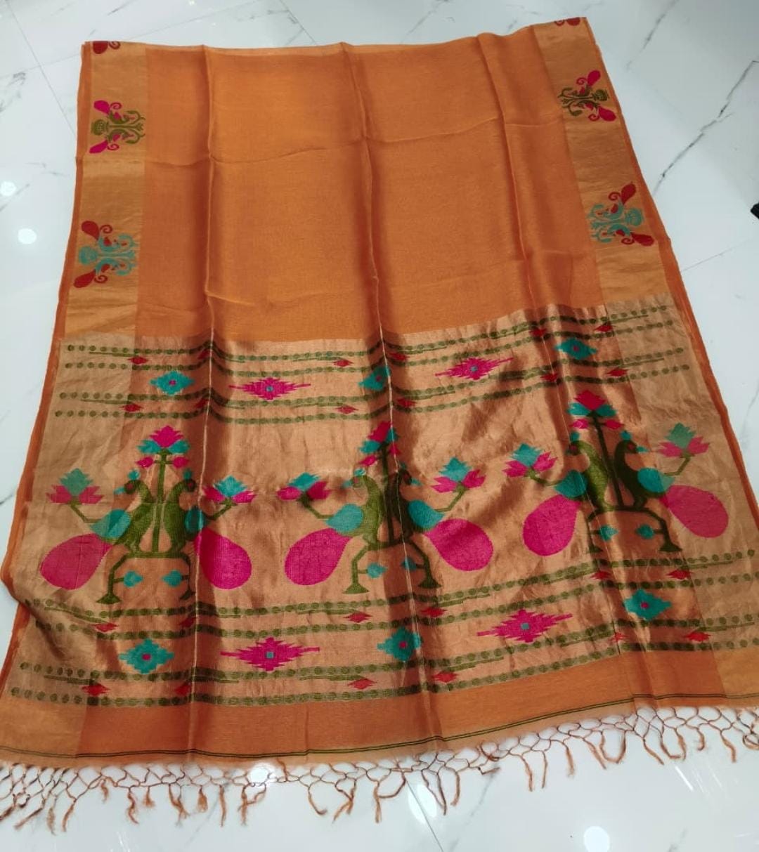 Mayeri Pure Linen Tissue Silk Jamdani Saree with beautiful double-side borders and blouse piece, colour customisation available | Rihyaaz