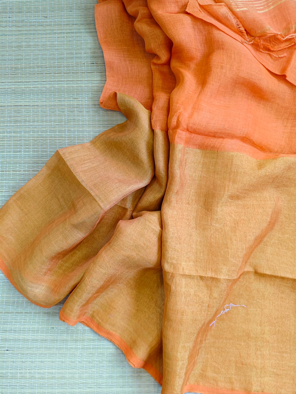 Yukti pure and premium Jayashree Linen half-and-half saree with elegant zari weaved lower portion and running blouse piece by Rihyaaz