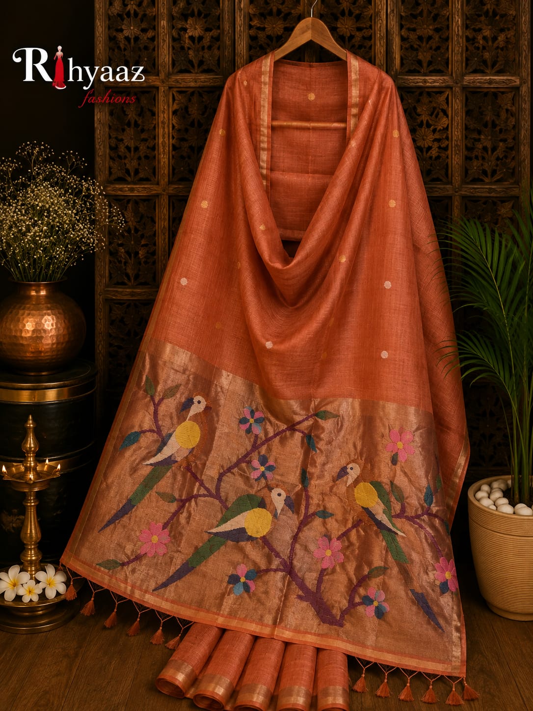 Niharika pure tissue silk linen saree with Paithani pallu and Jamdani hand weaving, featuring BP and Handloom Mark.
