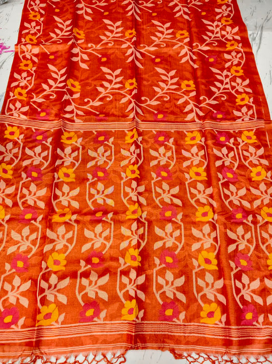 Bageecha Orange Pure Tussar Jamdani saree with intricate all-over handwoven floral Jamdani work, Silk Mark certified by Rihyaaz 