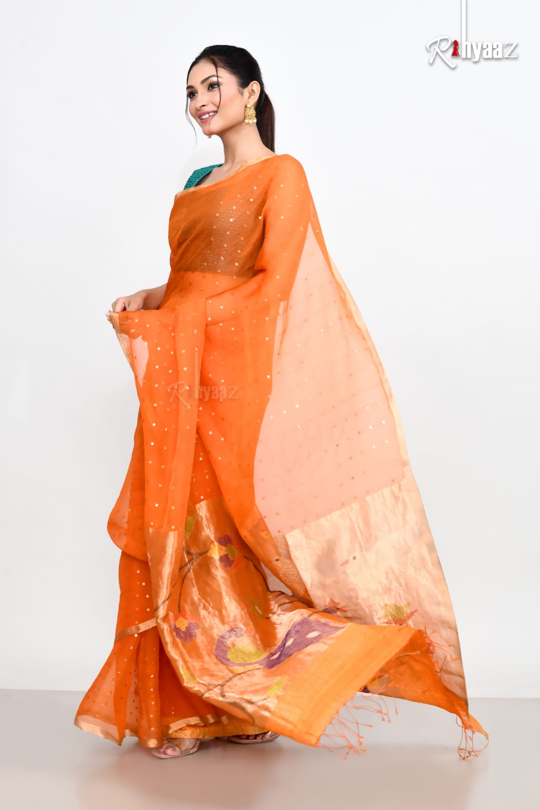 Aleya by Rihyaaz – 100% Pure 4 Ply × 4 Ply Resham Silk Sequins Paithani Jamdani Saree with Tested Zari and Pure Resham Matka Blouse Piece.