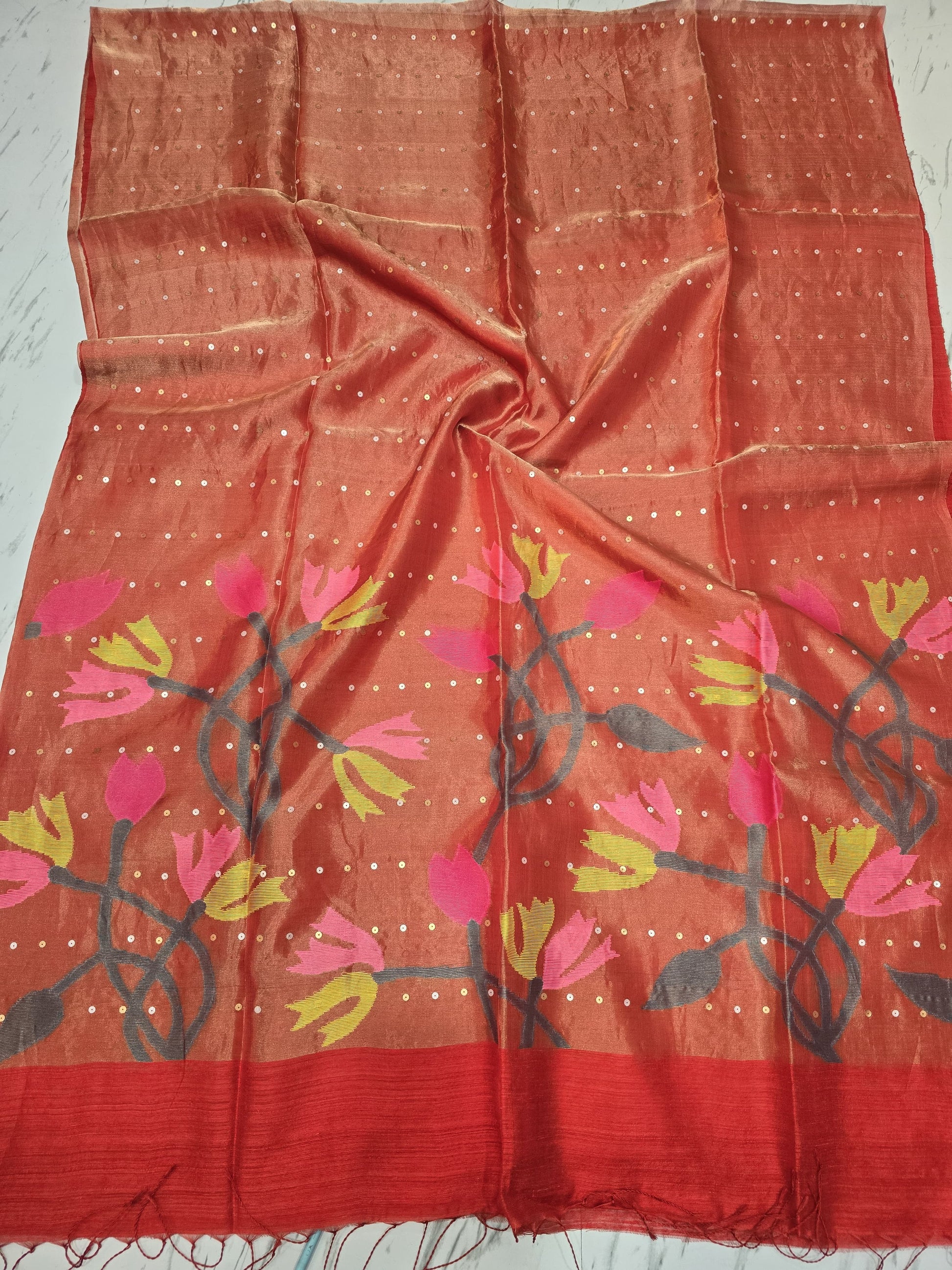 Raga sequin Matka saree with textured Matka body and elegant half tissue resham sequin Jamdani anchal. By Rihyaaz 