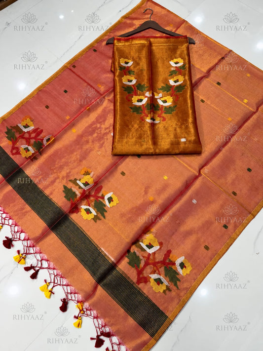 Palak Orange Tissue Needle Jamdani suit with intricate Jamdani weaving dupatta, 2.5m top and 2.5m dupatta by Rihyaaz.