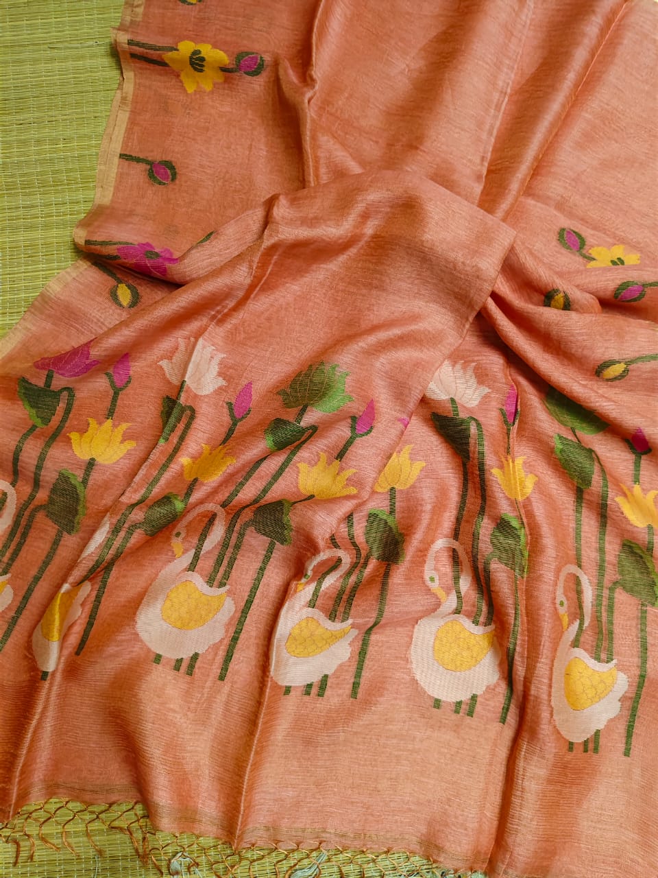 Rajhans - Pure Linen Silk Jamdani Handwoven Saree by Rihyaaz featuring premium linen silk fabric with intricate traditional Jamdani weaving, elegant handcrafted motifs, and luxurious festive ethnic wear for women.