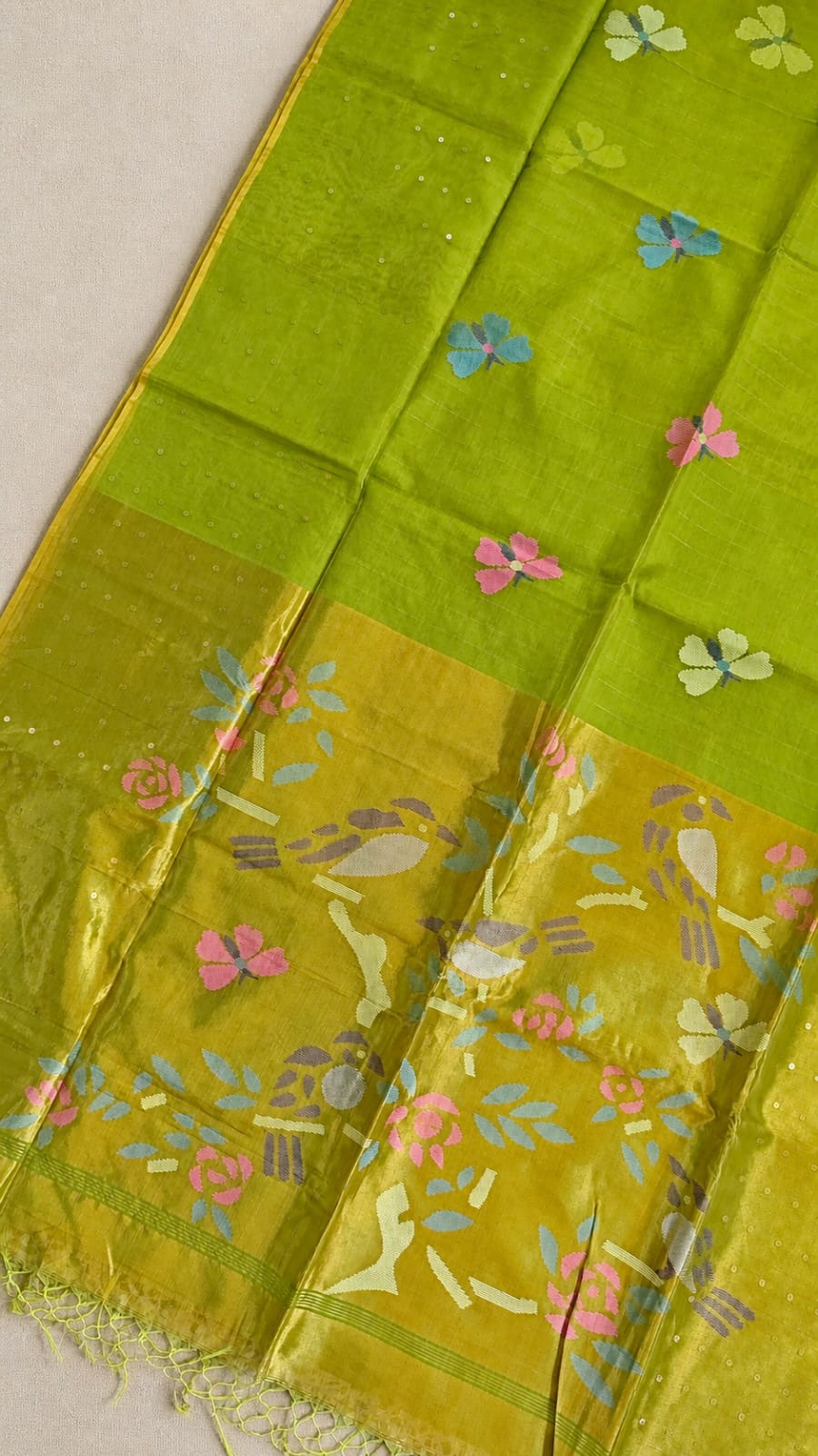 Titli by Rihyaaz – Beautiful muslin Paithani style needle work Jamdani saree with delicate sequins work and matching blouse piece, handcrafted for festive and occasion wear.