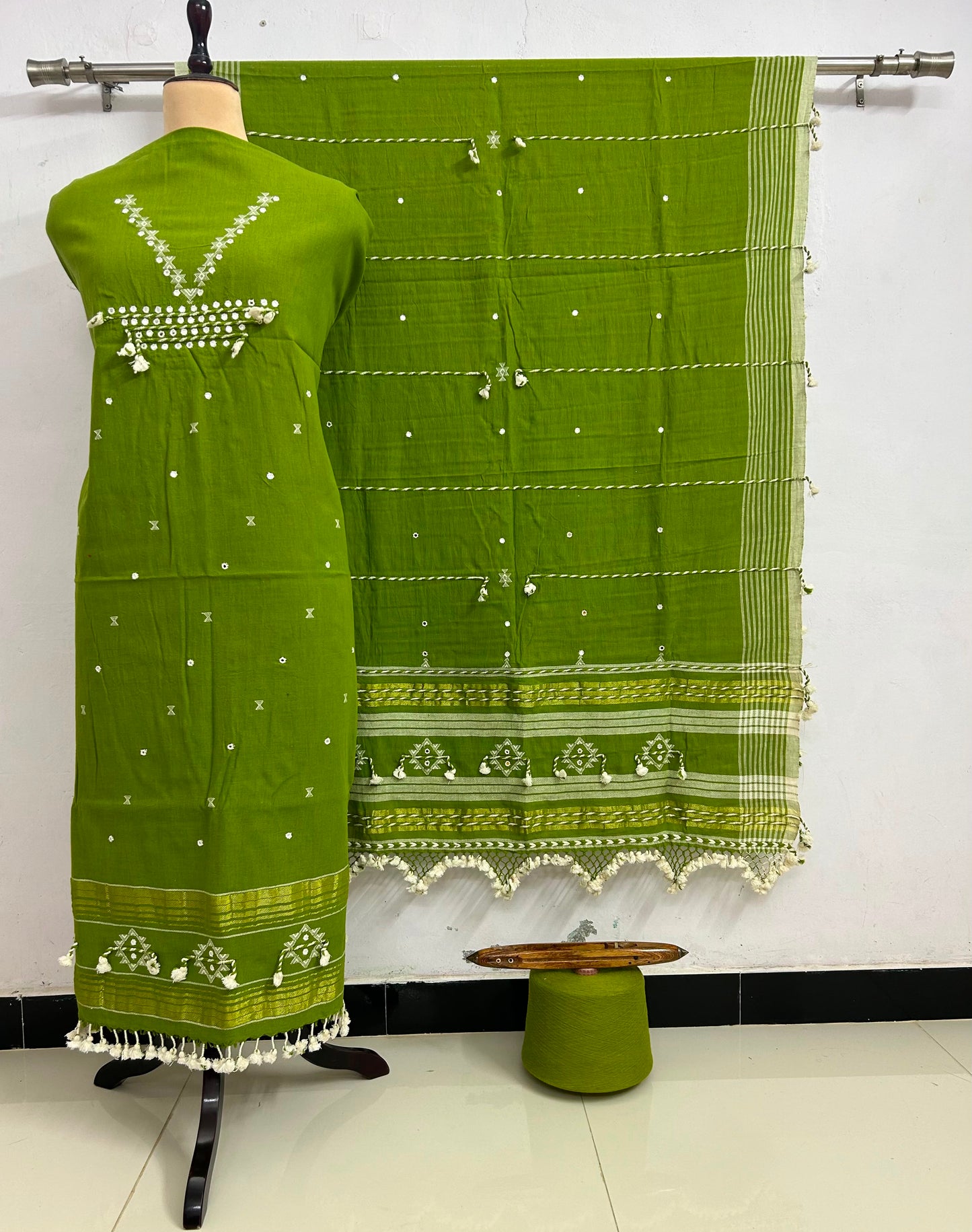 Fumka - handwoven Kapas Bhujodi 3 piece suit set with intricate mirror detailing, artisan woven kurta, matching bottoms and dupatta by Rihyaaz in sustainable handcrafted ethnic wear.