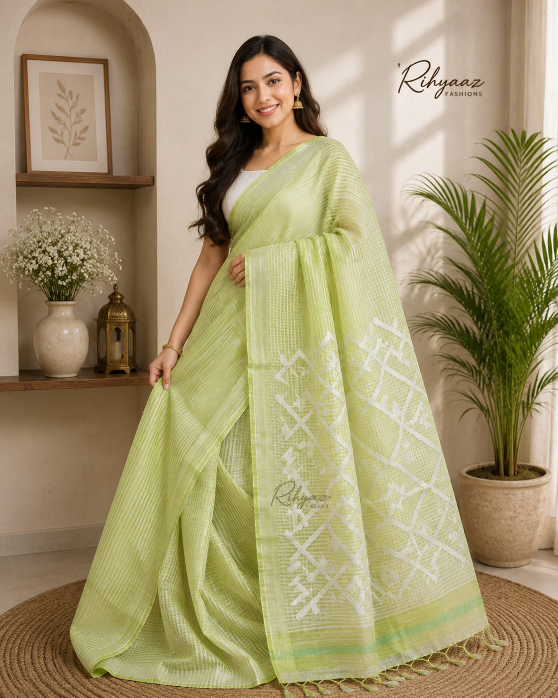 Sarsi – Pure Silk Linen Resham Pallu Jamdani Handwoven Saree with Blouse Piece | Rihyaaz