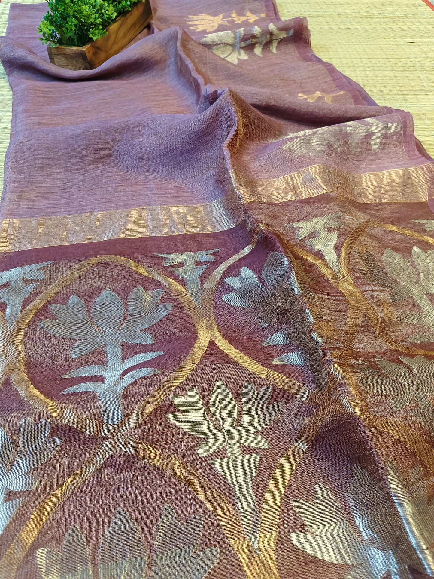 Padmini - Lotus Fusion Silk Linen Saree by Rihyaaz, premium handwoven silk linen saree with lotus-inspired design, lightweight festive ethnic wear for weddings and celebrations.