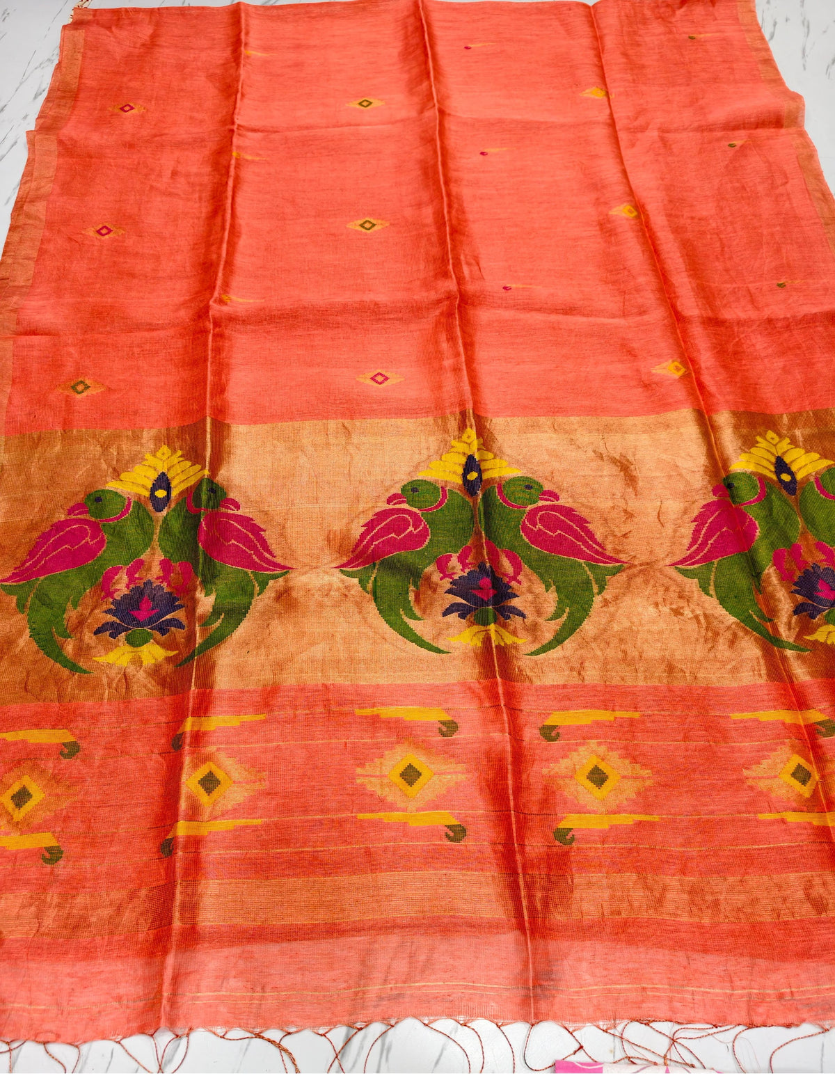 Moyna peach silk linen saree with Resham palla and intricate Meenakari Jamdani handwoven detailing with bird motiffs by Rihyaaz