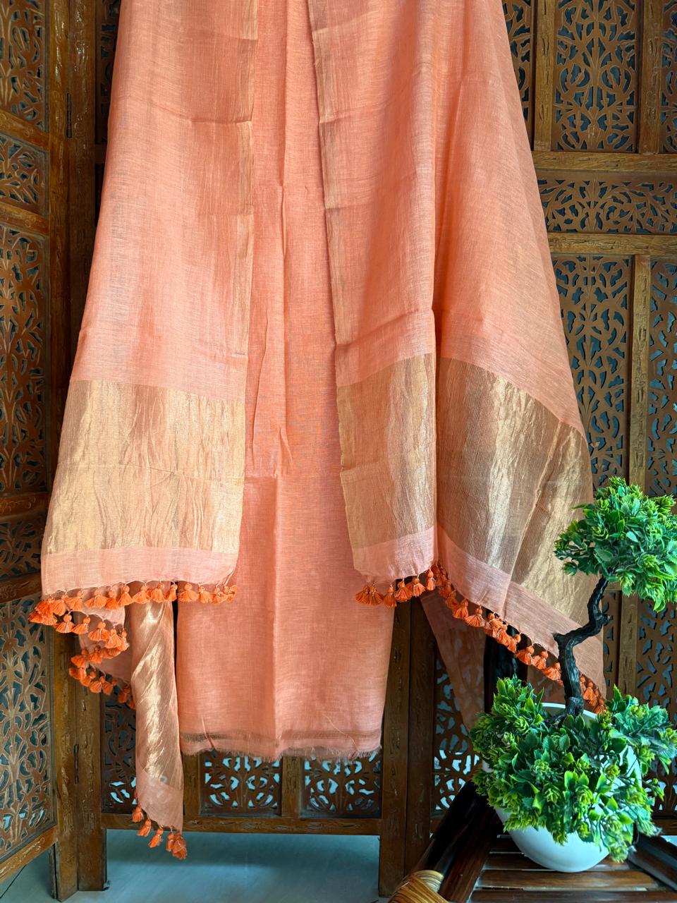 Premium broad zari palla dupatta with polka dot linen suit set in handcrafted ethnic design for festive and elegant wear.