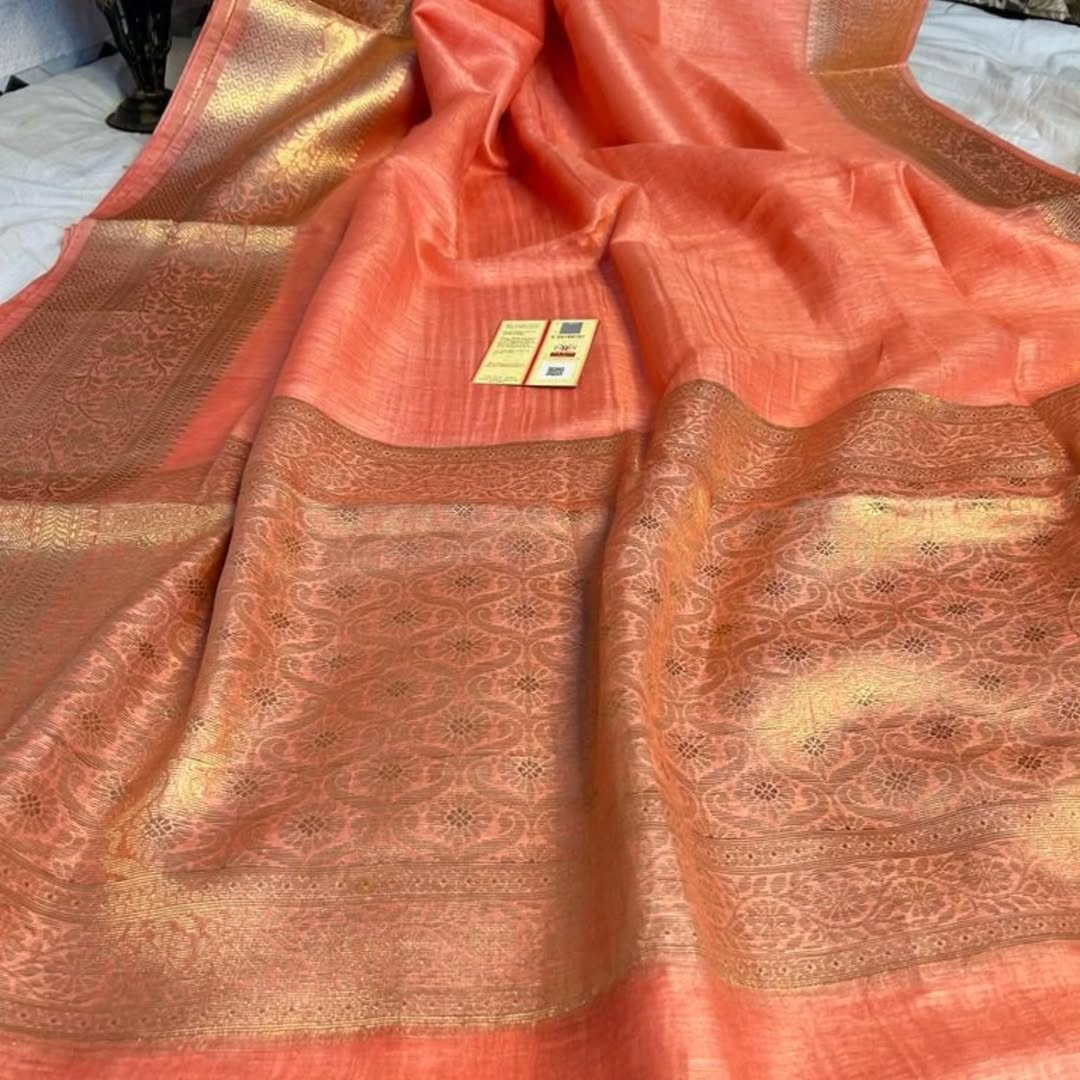 Ikangshi linen Benarasi saree with tested zari weaving and running blouse piece by Rihyaaz