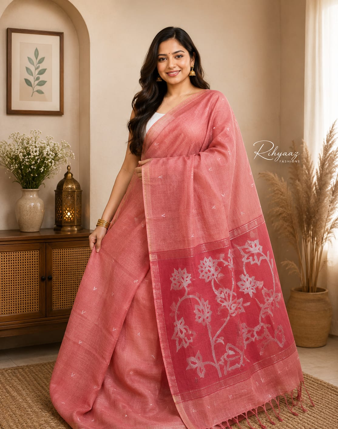 Ayat Linen Silk Resham Anchal Copper Silver Zari Jamdani Weaved Saree by Rihyaaz – Premium Handwoven Festive & Wedding Saree